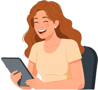 Lachende Frau mit Tablet, die sich zur Fortbildung Heilpraktiker Physiotherapie anmeldet